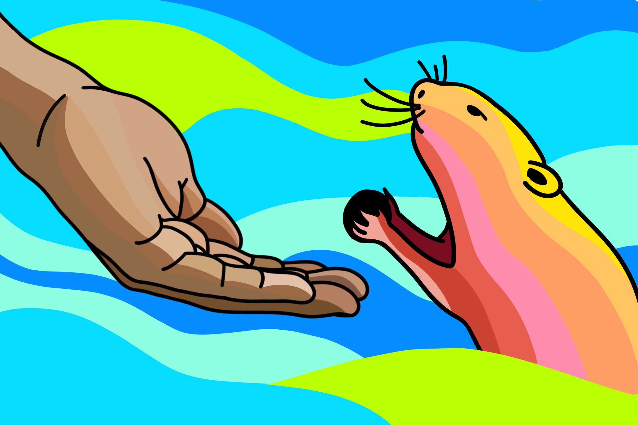 illustrated muskrat and hand depicting Anishinaabemowin indigenous folk lore legend