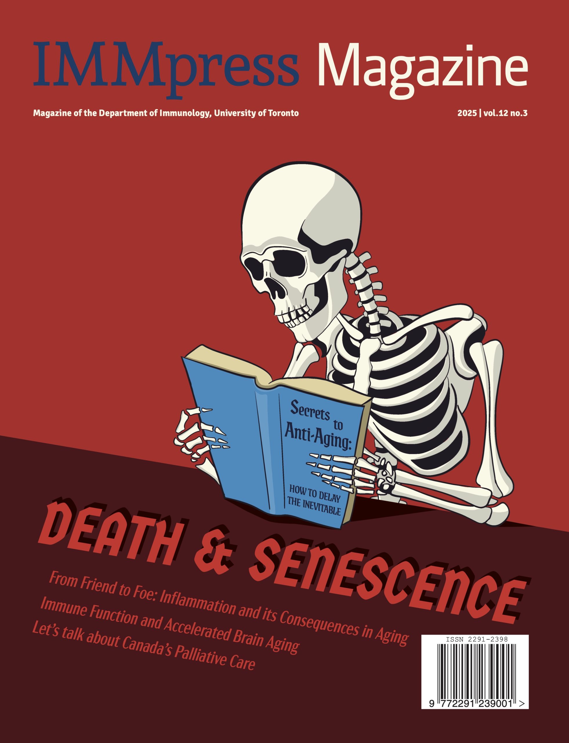 magazine cover art with illustrated skeleton reading anti-aging manual