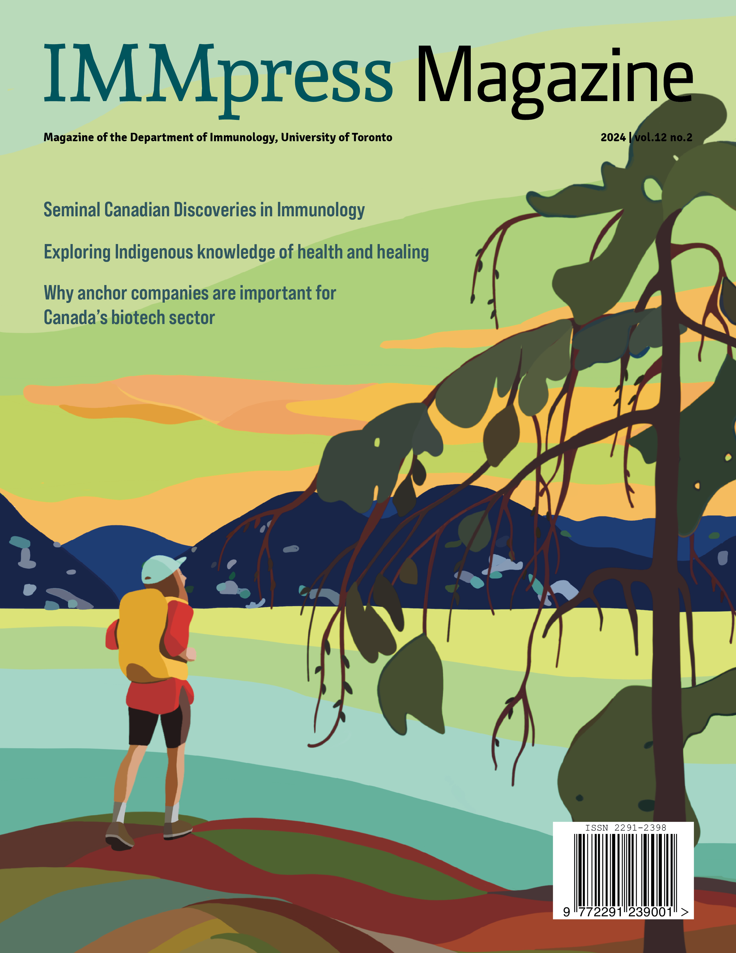 magazine cover art with illustrated mountains, lake, trees and backpacking hiker at sunrise or sunset
