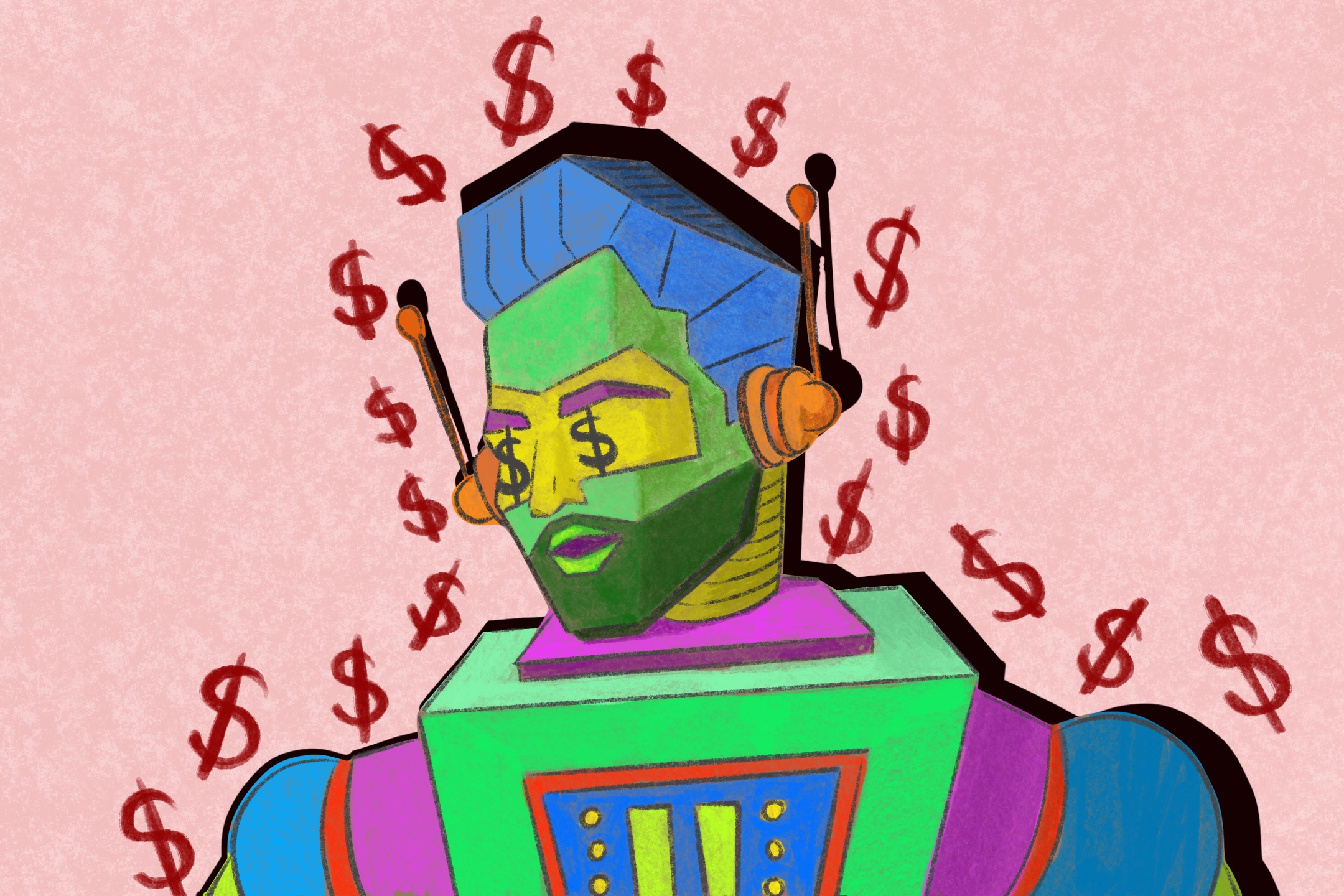 illustration of giga chad science AI money-driven robot